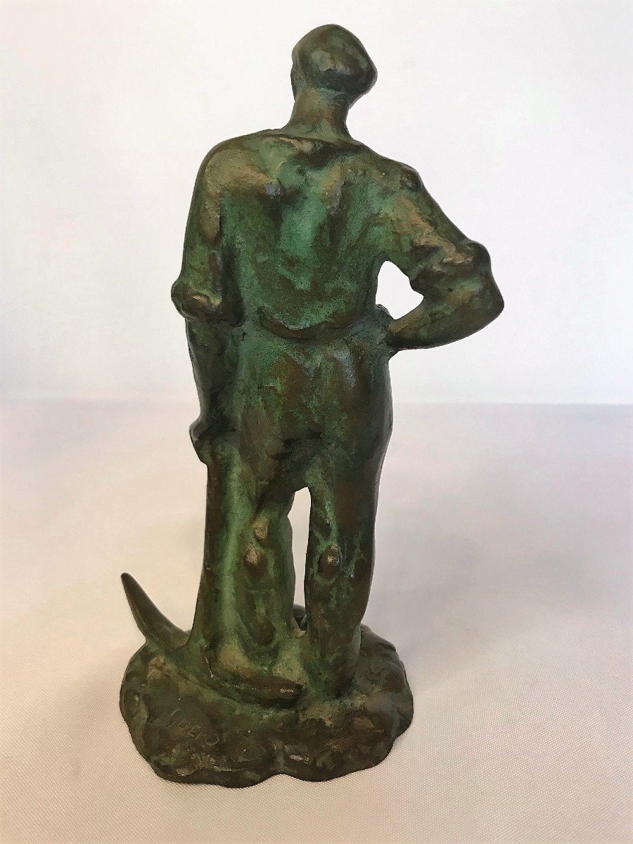 Guero, Sculpture Bronze Homme à La Pioche Signée Vers 1930-photo-3