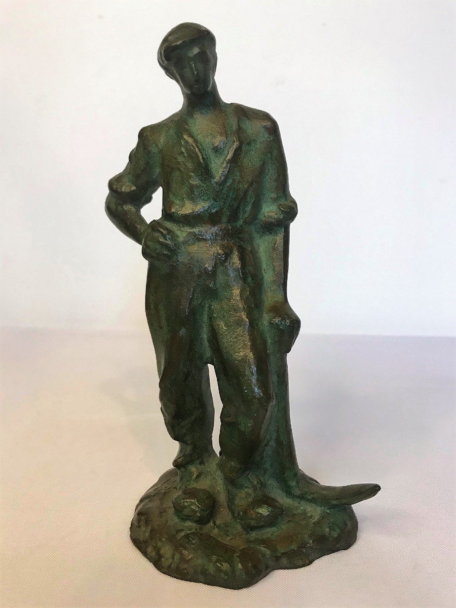 Guero, Sculpture Bronze Homme à La Pioche Signée Vers 1930-photo-1