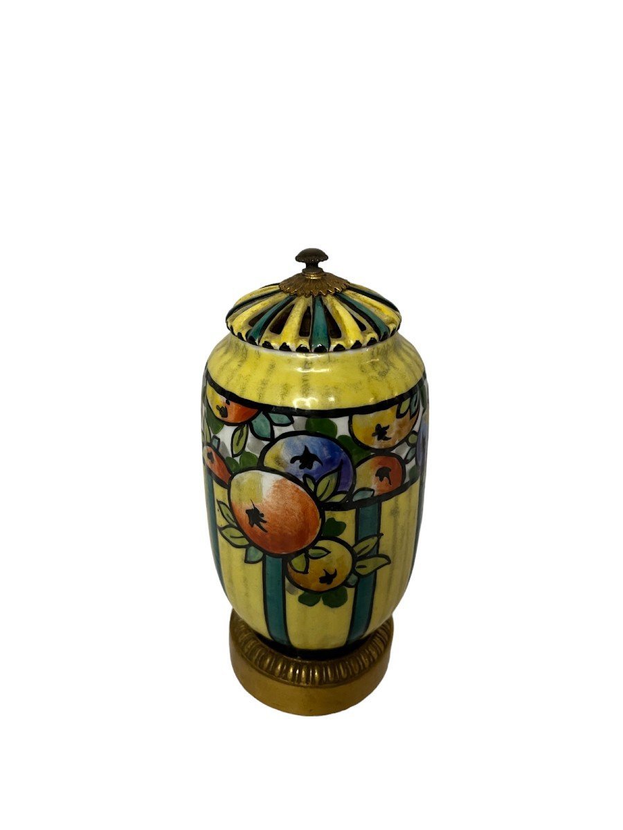 Art Deco, Night Light In Porcelain And Bronze Fruit Decor Circa 1930-photo-2