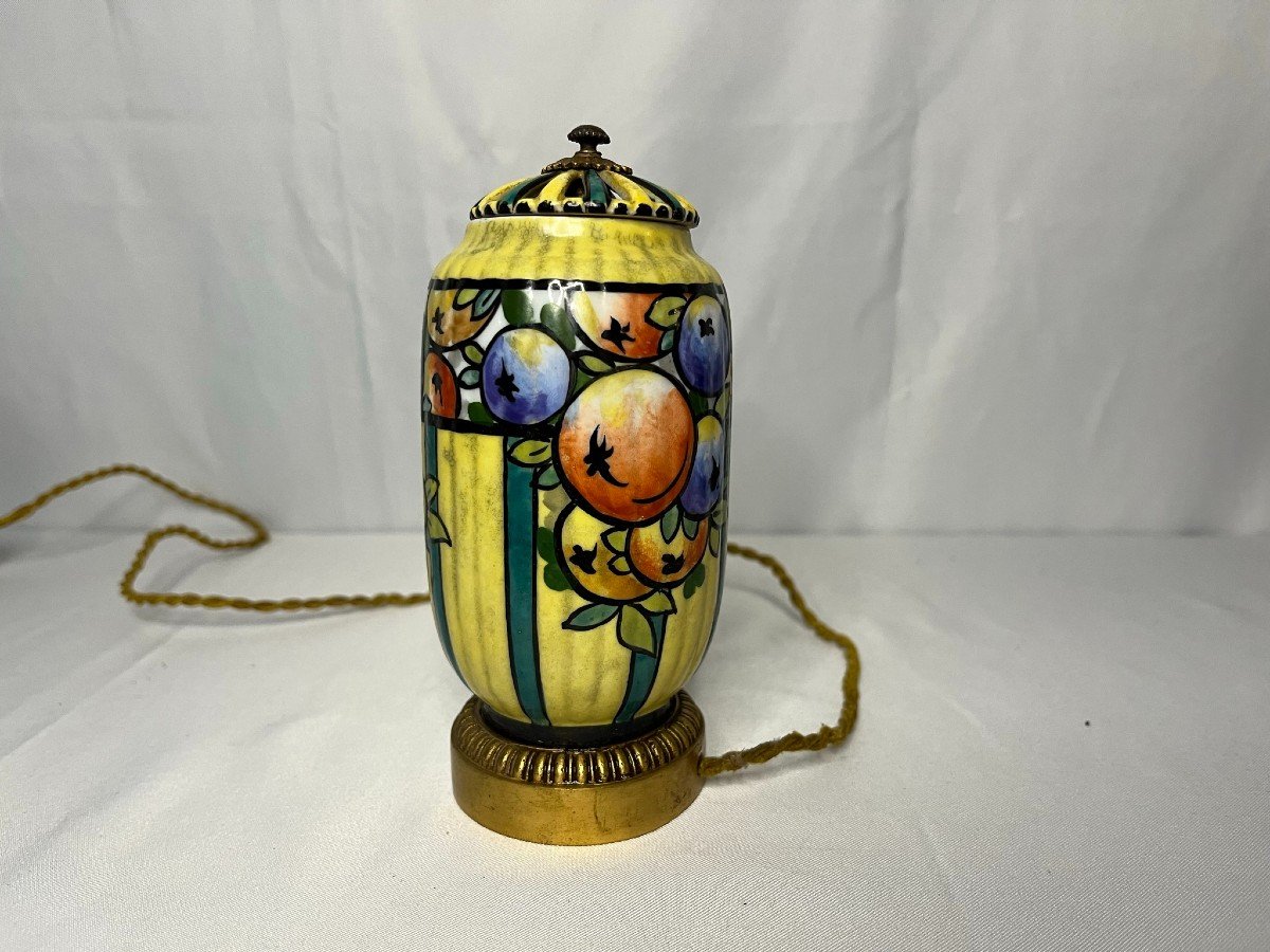 Art Deco, Night Light In Porcelain And Bronze Fruit Decor Circa 1930-photo-2