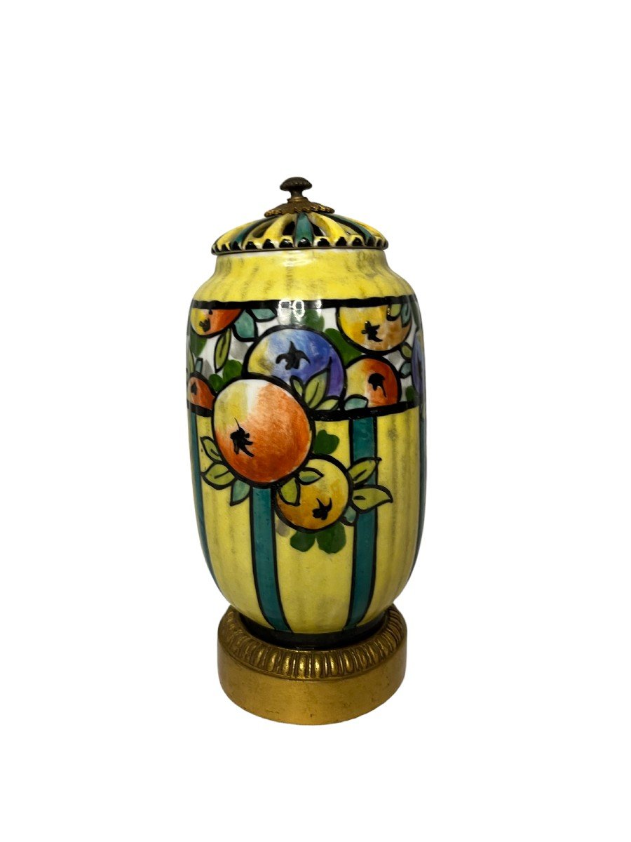 Art Deco, Night Light In Porcelain And Bronze Fruit Decor Circa 1930