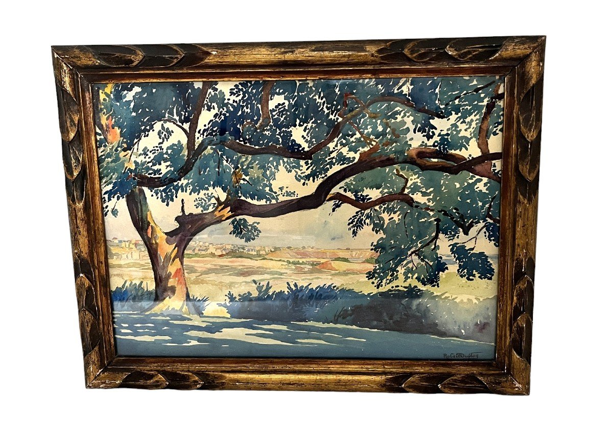 Duflos (robert), Watercolor Landscape Beautifully Framed Early 20th Century-photo-4