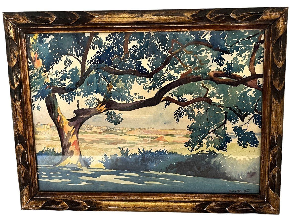 Duflos (robert), Watercolor Landscape Beautifully Framed Early 20th Century-photo-4