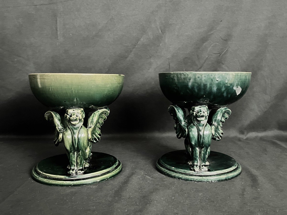 Castel Léon, Pair Of Green Earthenware Cups Signed Early 20th Century-photo-2