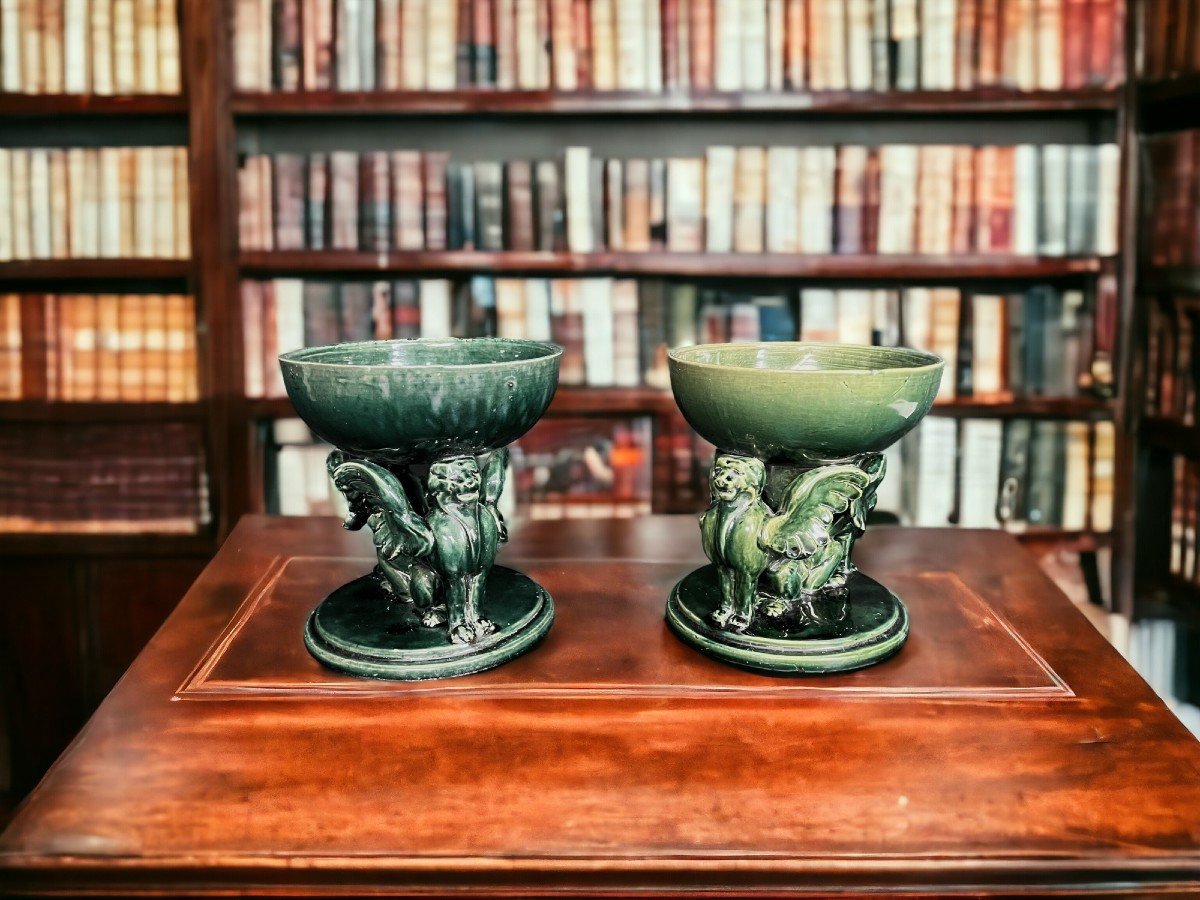 Castel Léon, Pair Of Green Earthenware Cups Signed Early 20th Century-photo-3