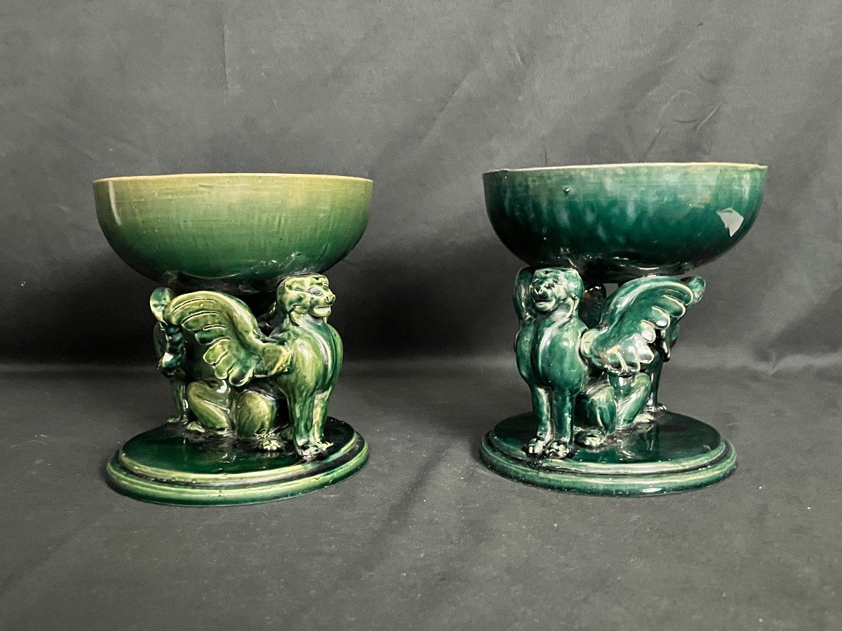 Castel Léon, Pair Of Green Earthenware Cups Signed Early 20th Century-photo-2