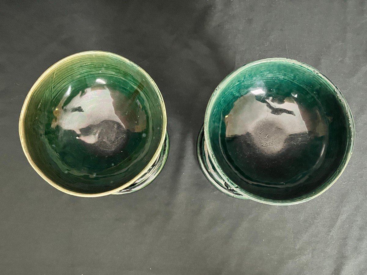 Castel Léon, Pair Of Green Earthenware Cups Signed Early 20th Century-photo-5