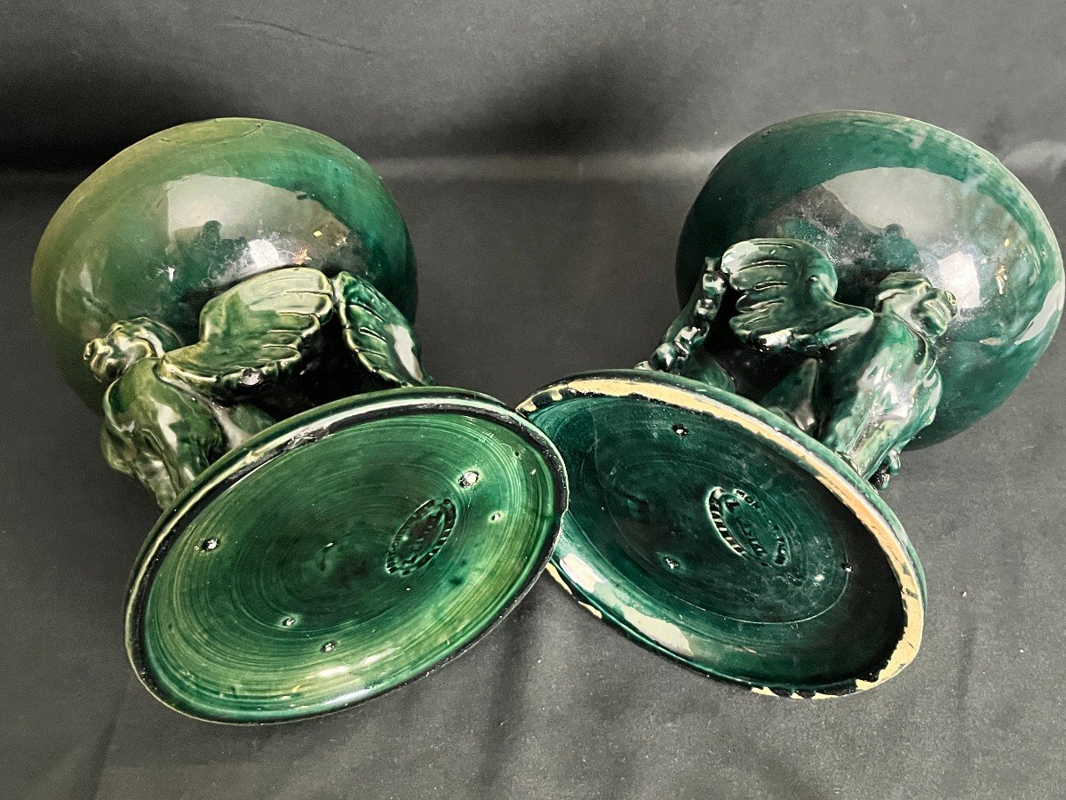 Castel Léon, Paire De Coupes En Faïence Verte Signées Début XXème-photo-6