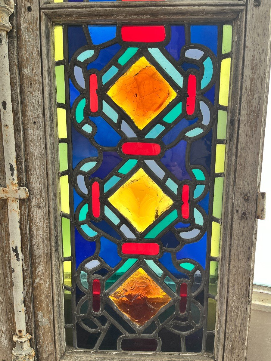 Art Nouveau Large Double Stained Glass Window Around 1900-photo-3