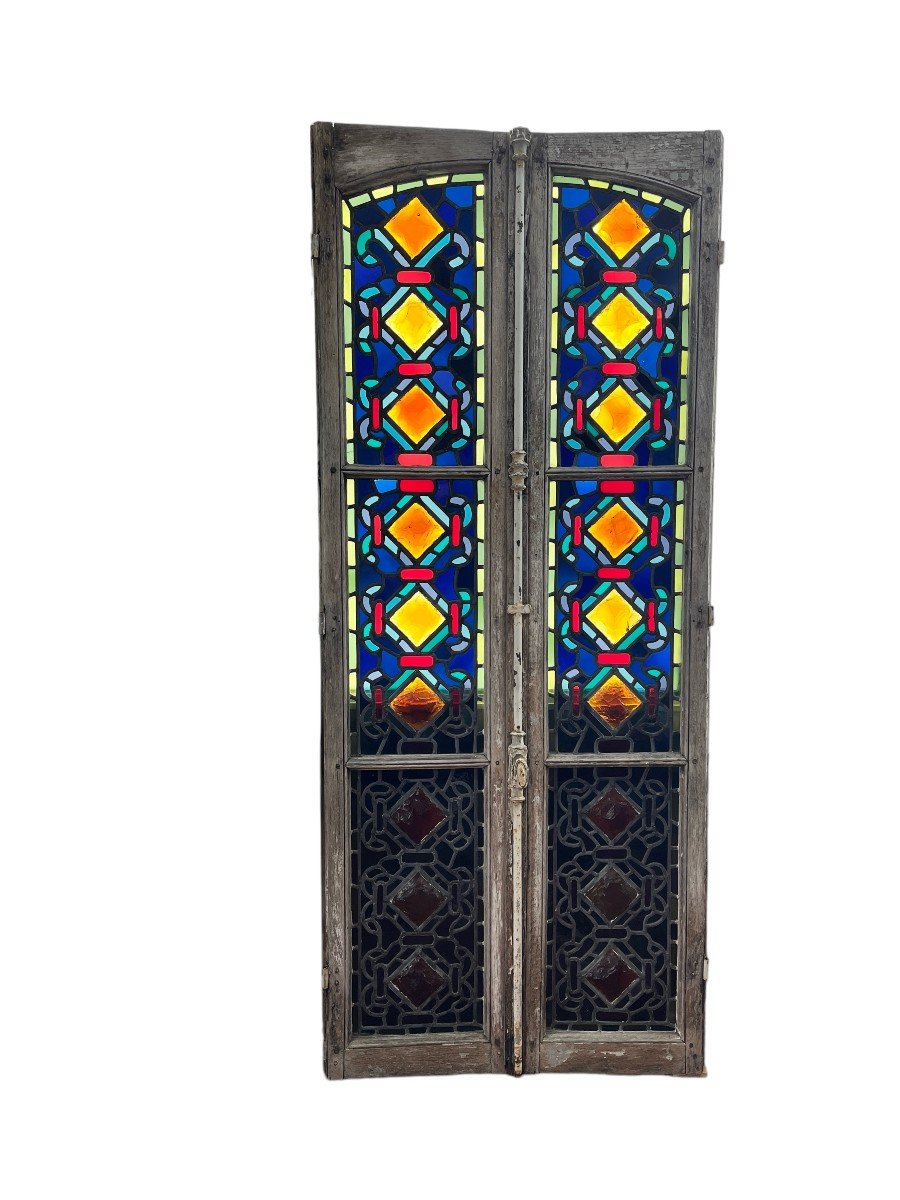 Art Nouveau Large Double Stained Glass Window Around 1900