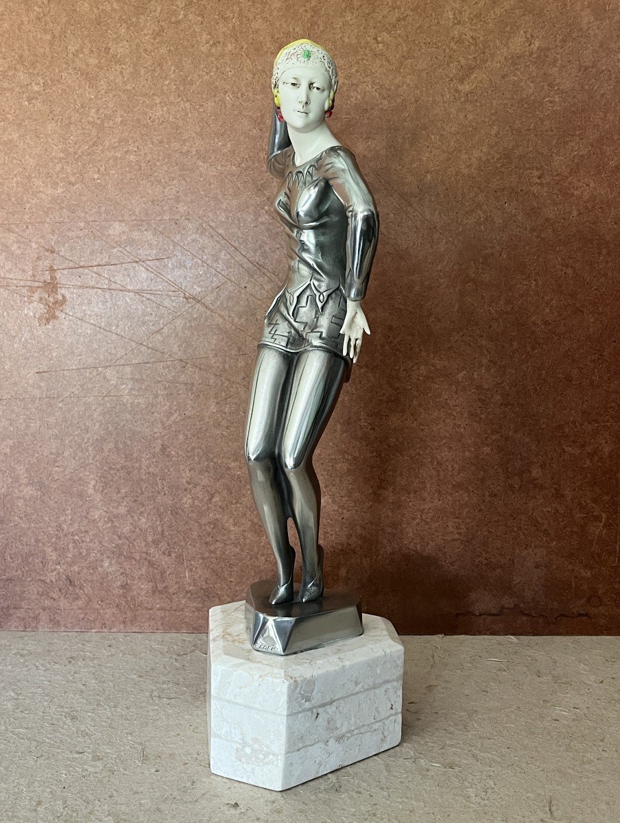 Art Deco, Chrome Metal Charleston Dancer Sculpture Signed Preiss 1930-photo-2