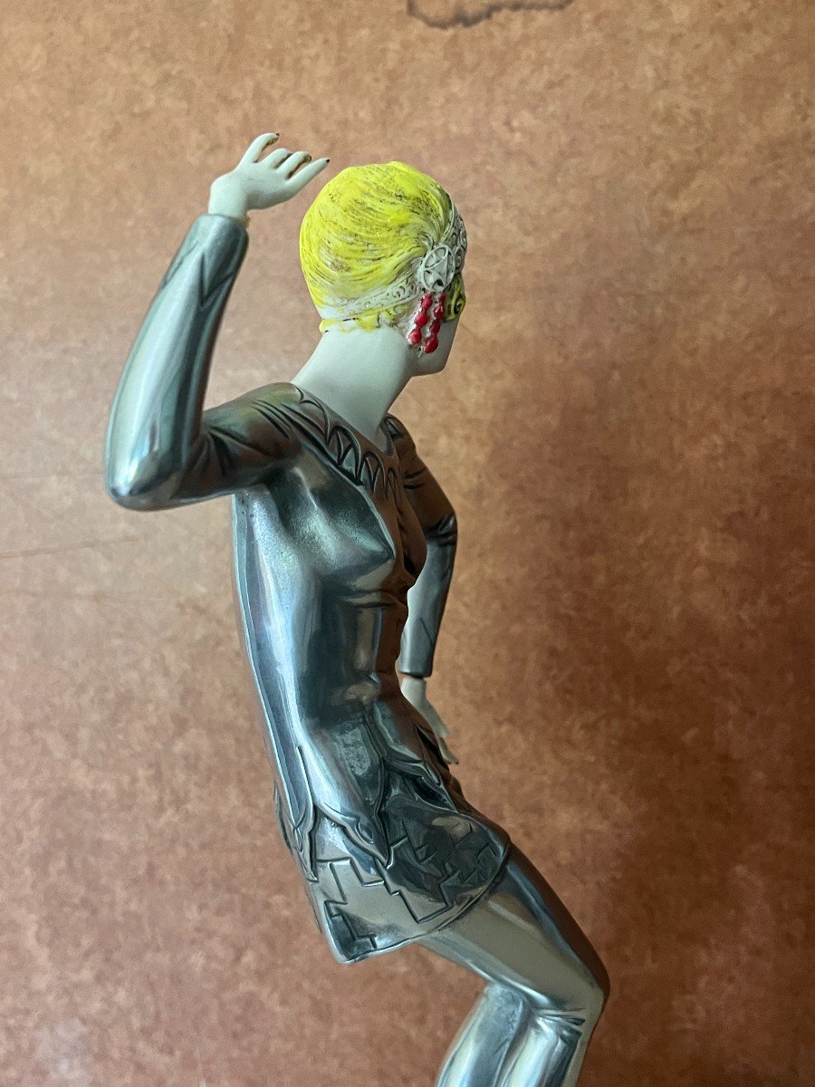 Art Deco, Chrome Metal Charleston Dancer Sculpture Signed Preiss 1930-photo-2