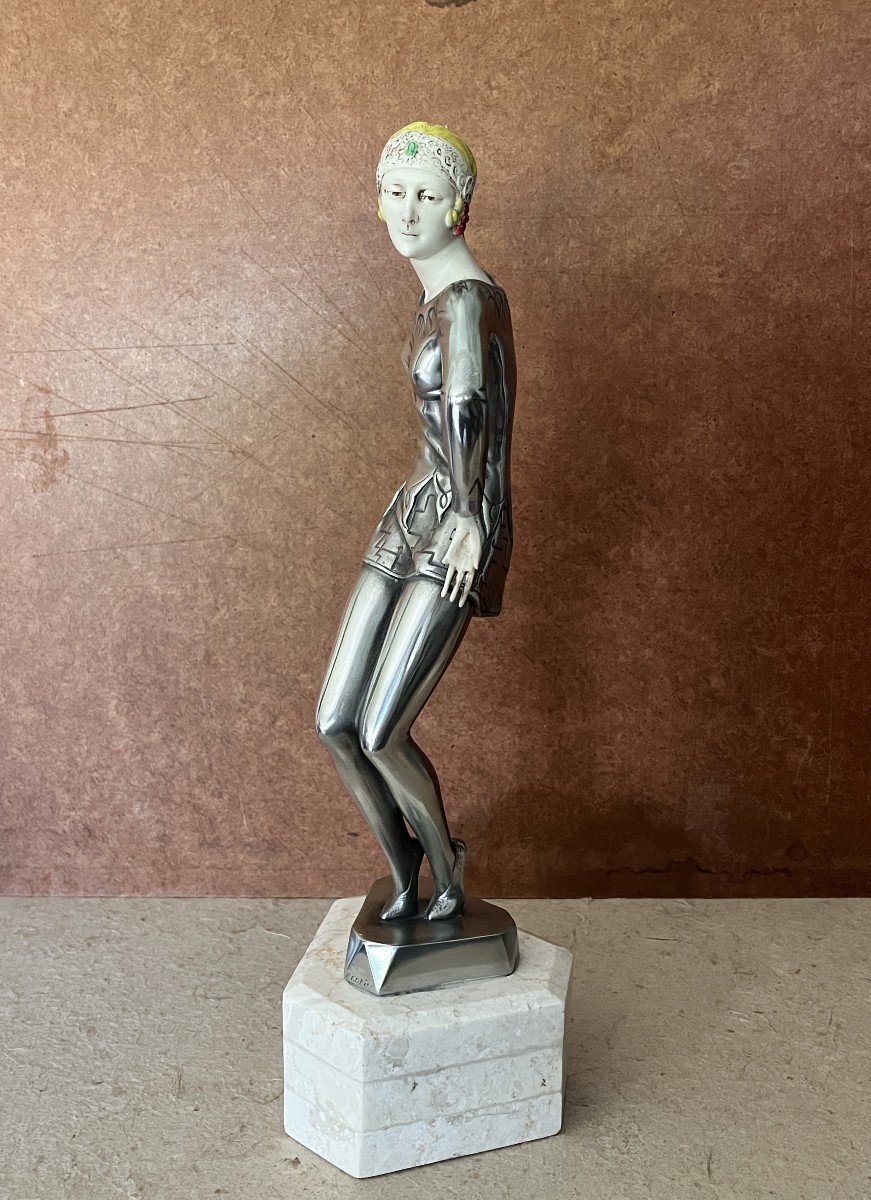 Art Deco, Chrome Metal Charleston Dancer Sculpture Signed Preiss 1930-photo-4