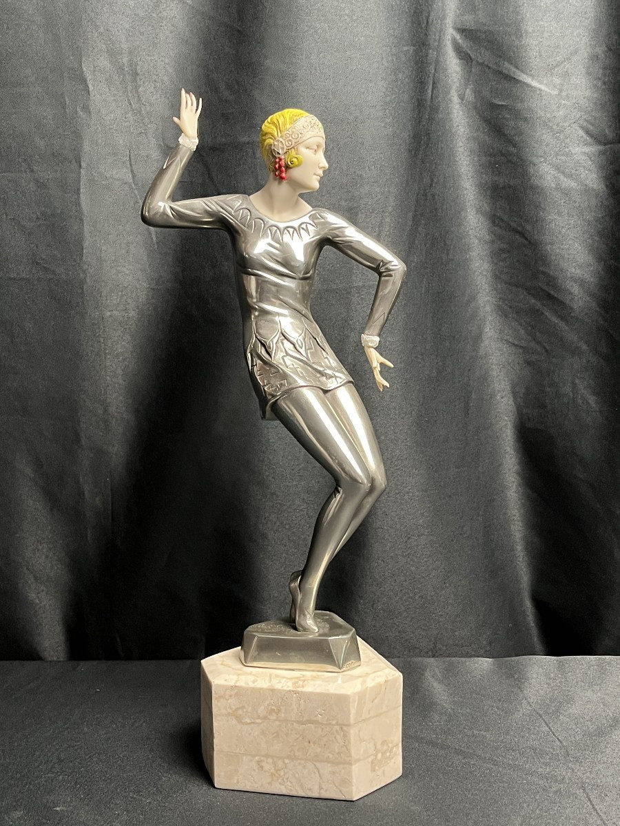 Art Deco, Chrome Metal Charleston Dancer Sculpture Signed Preiss 1930