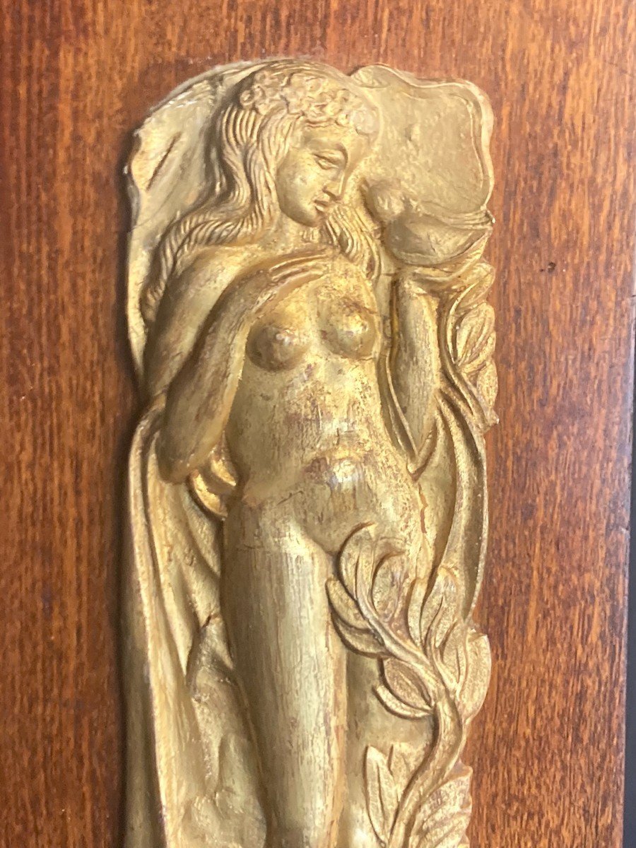 Plaster Sculpture Woman With Bird On Wood Signed Roussov 20th-photo-3