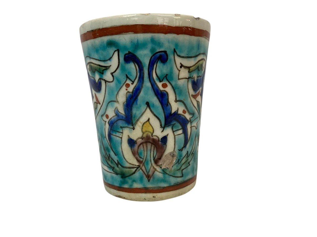 Iznik, Ancien Gobelet Faïence Polychrome XIXème-photo-3