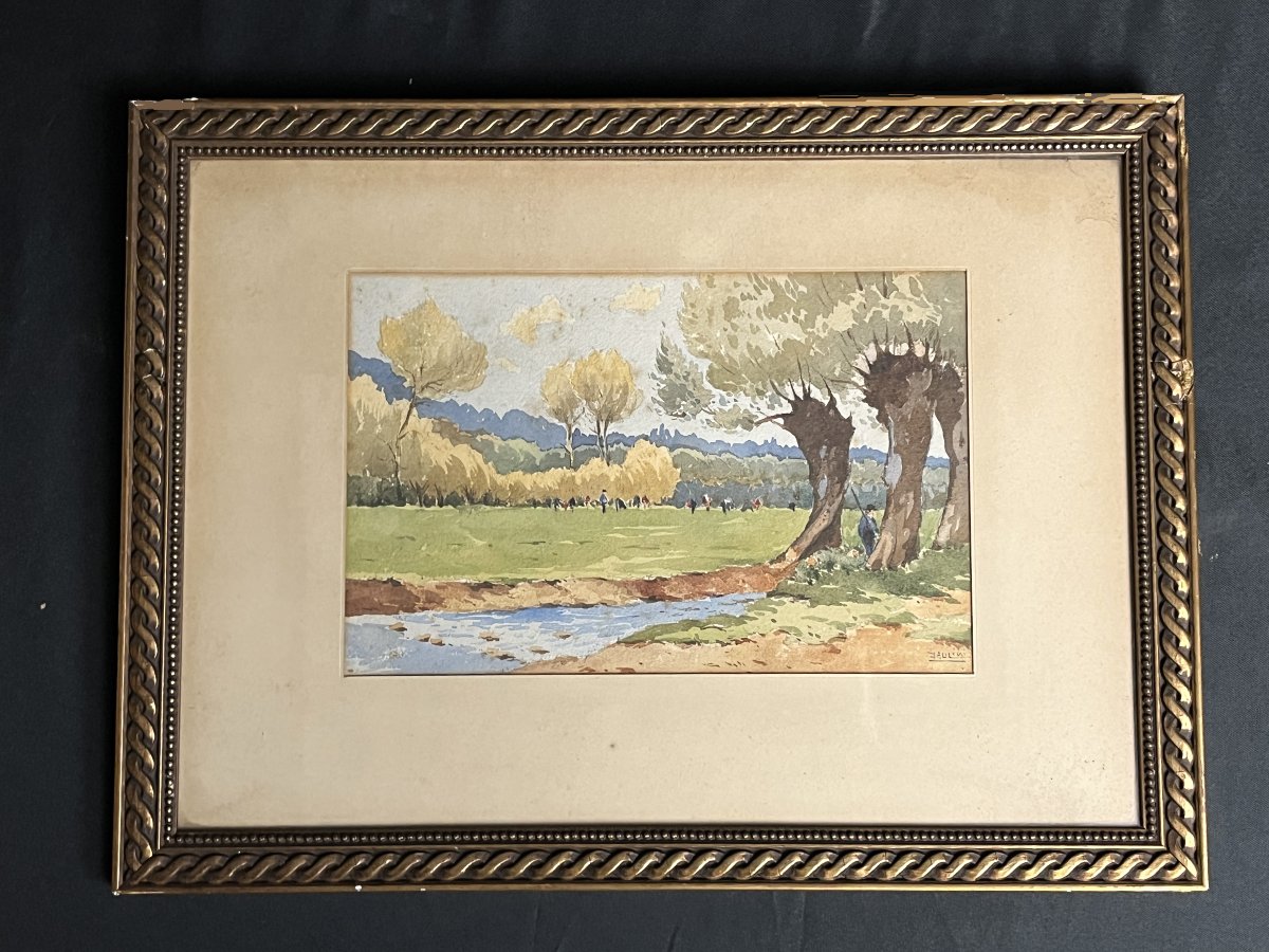 Paulini, Watercolor Animated Landscape Framed Early 20th Century-photo-2