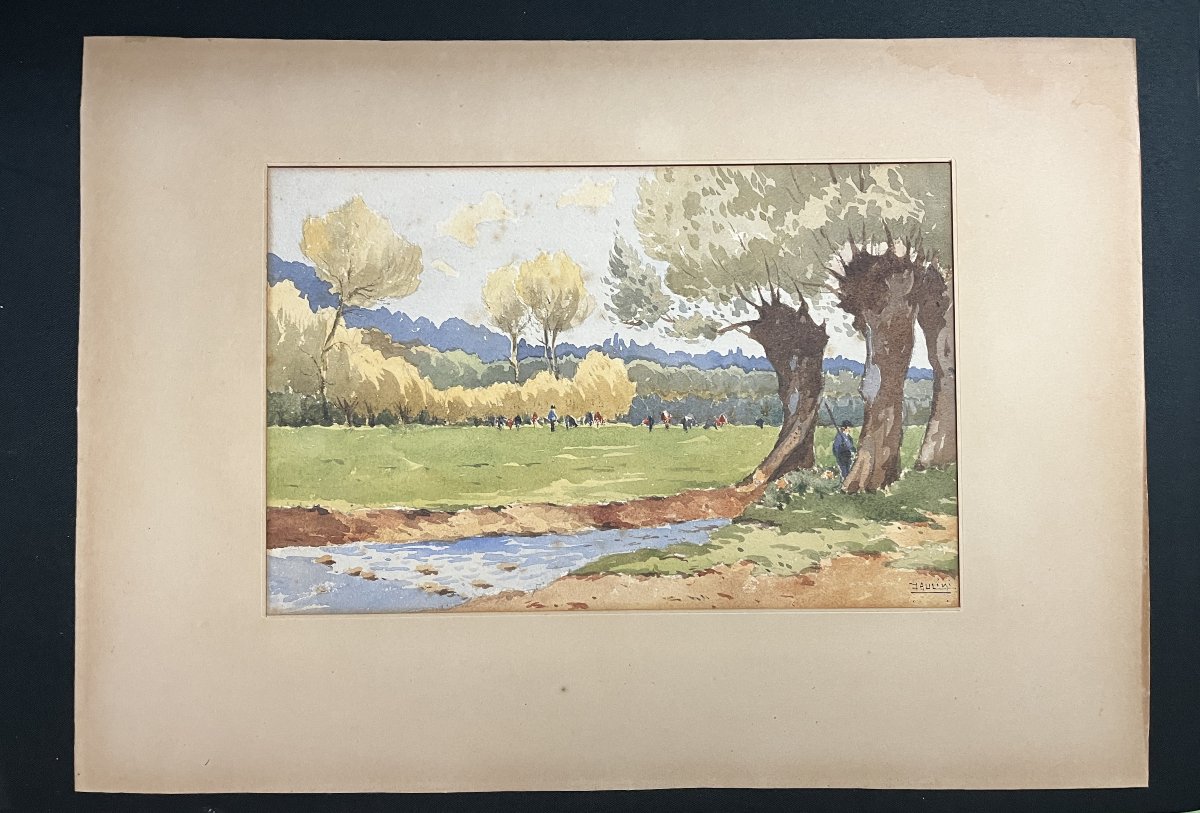 Paulini, Watercolor Animated Landscape Framed Early 20th Century-photo-3