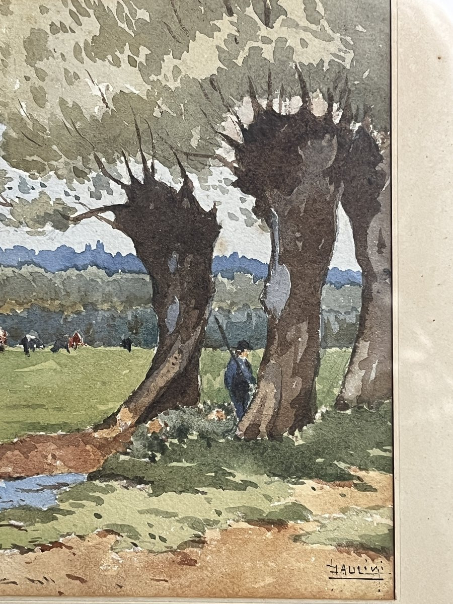 Paulini, Watercolor Animated Landscape Framed Early 20th Century-photo-1