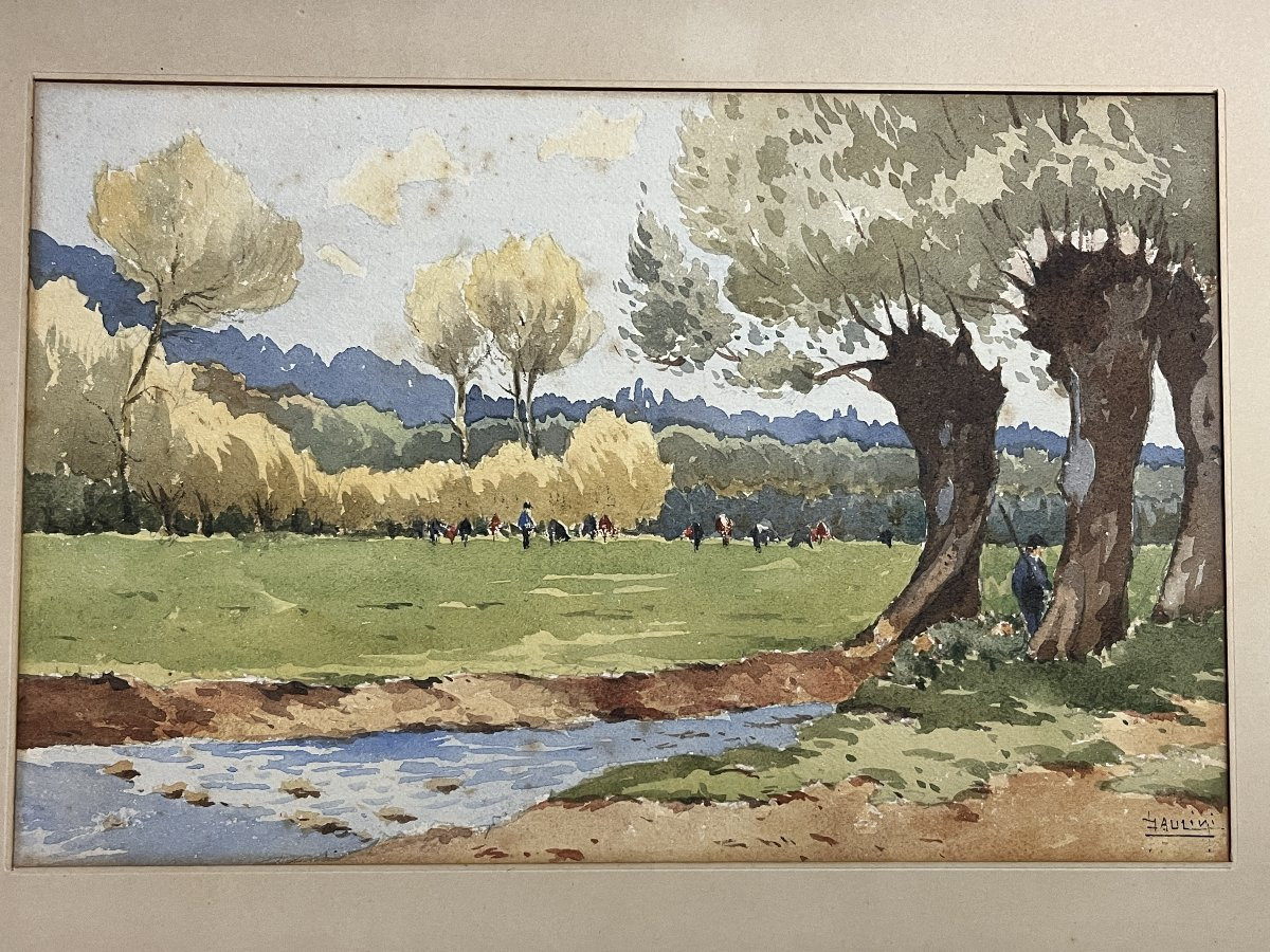 Paulini, Watercolor Animated Landscape Framed Early 20th Century-photo-4