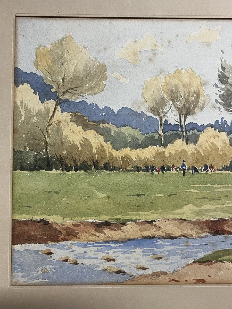 Paulini, Watercolor Animated Landscape Framed Early 20th Century-photo-6