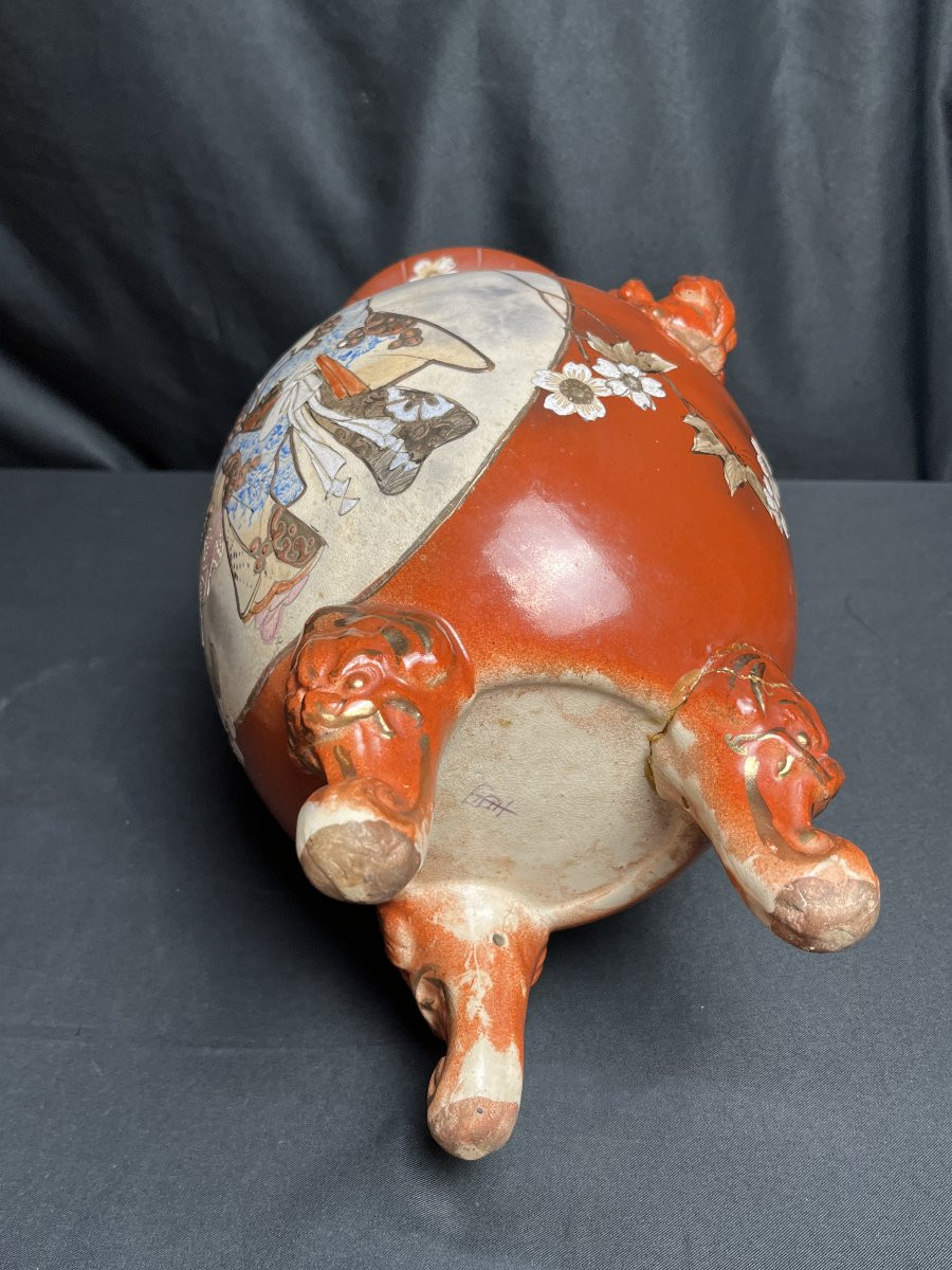 Satsuma Covered Tripod Vase In Polychrome Earthenware, Meiji Period, 19th Century-photo-7