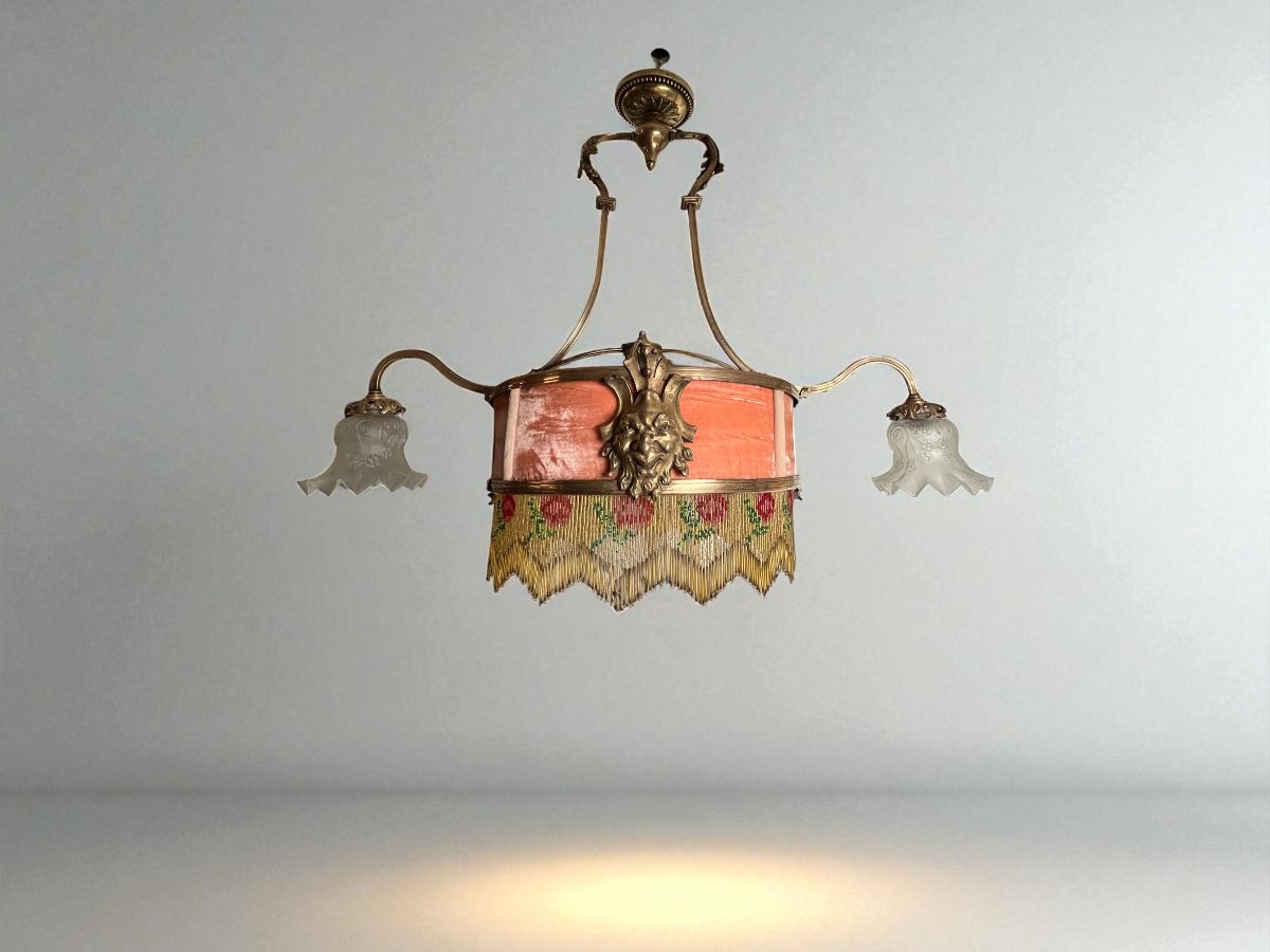 Art Nouveau, Bronze Chandelier With Tulips, Glass And Pearls, Circa 1900-photo-2