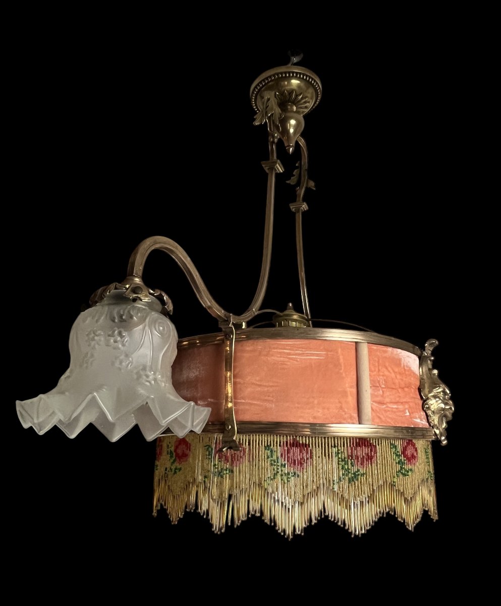 Art Nouveau, Bronze Chandelier With Tulips, Glass And Pearls, Circa 1900-photo-8