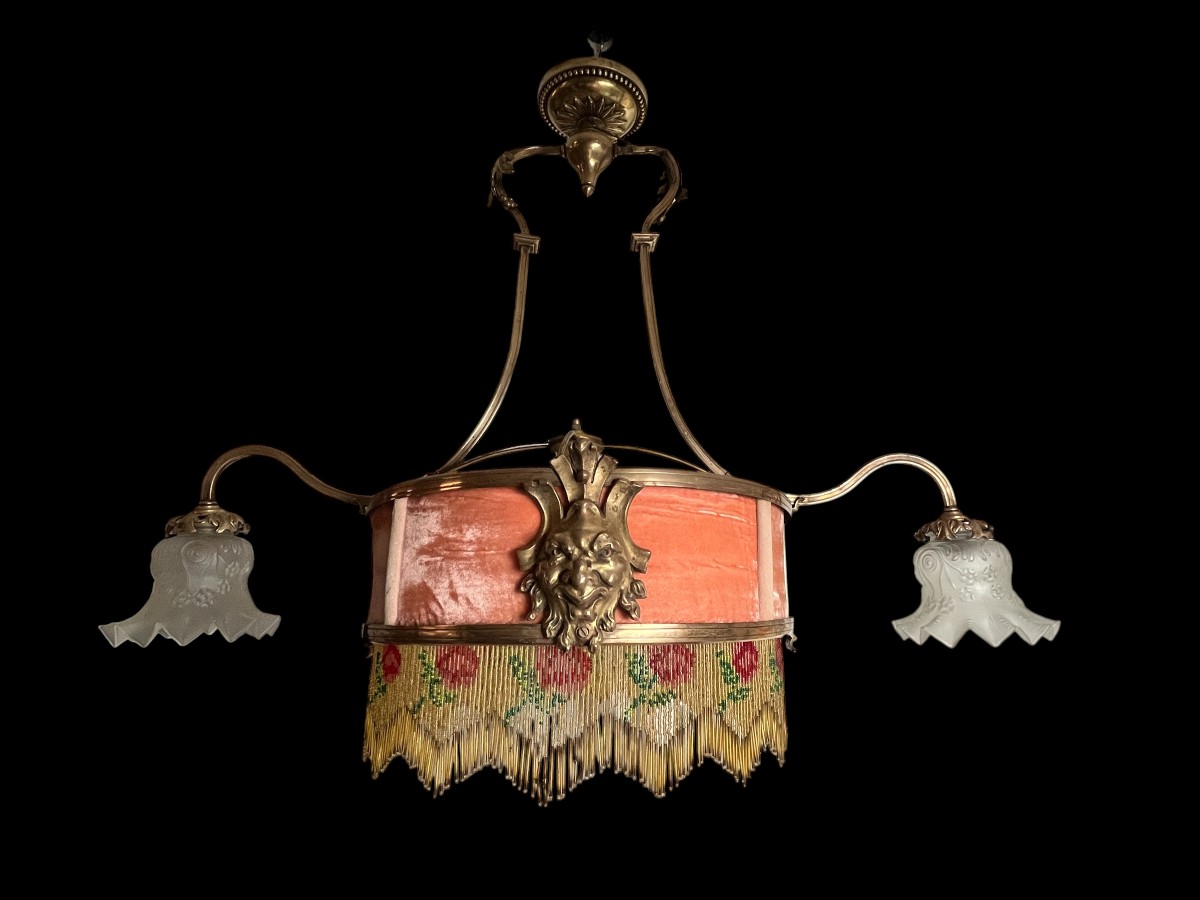 Art Nouveau, Bronze Chandelier With Tulips, Glass And Pearls, Circa 1900