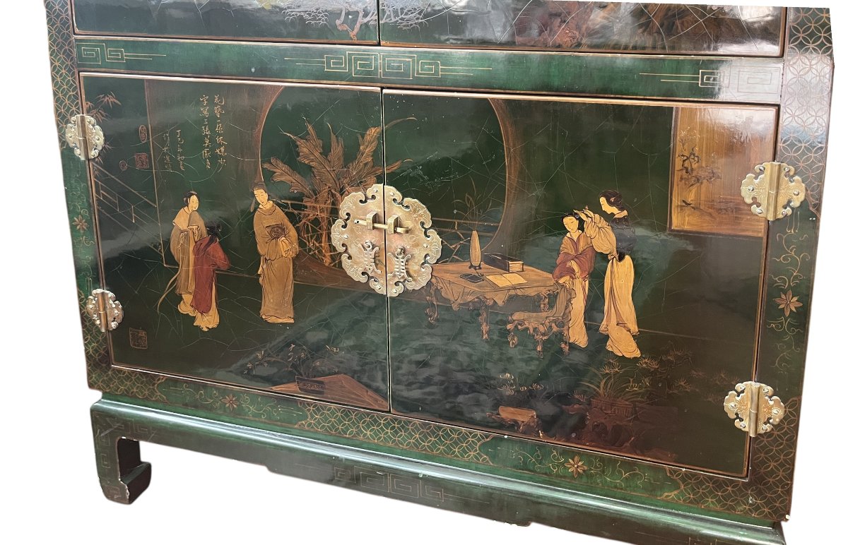 Asia, Cabinet Furniture Lacquered Wood Rich Decoration Animated Scenes 20th Century-photo-5