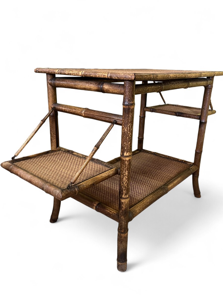 Art Nouveau, Bamboo And Reed Tea Table With 4 Trays, Early 20th Century -photo-3