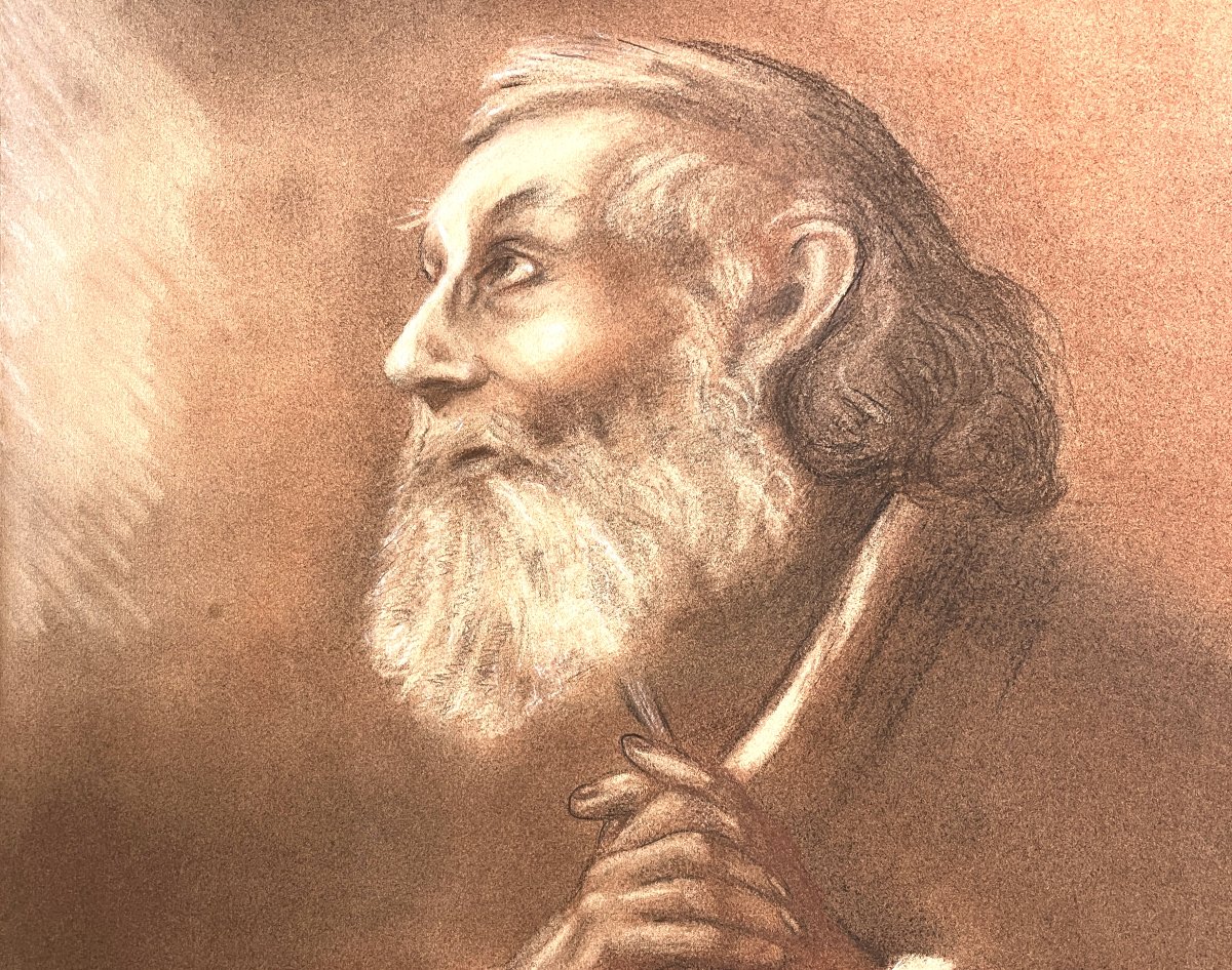 Red Chalk Portrait Of An Old Man Praying, Signed And Dated 20th Century-photo-1