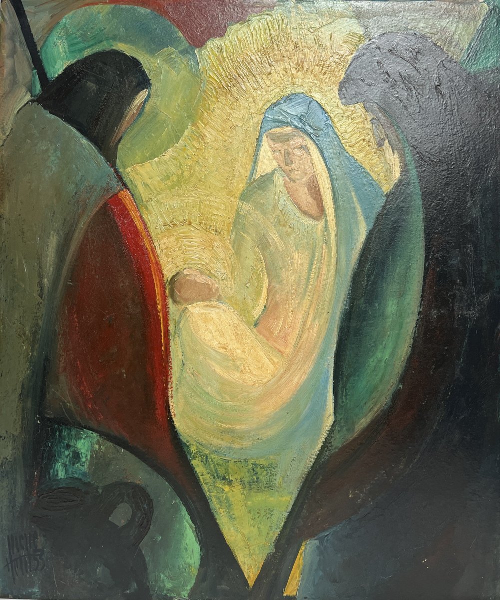 Pierre Petit, Oil On Cardboard Nativity Signed Dated 1953-photo-2
