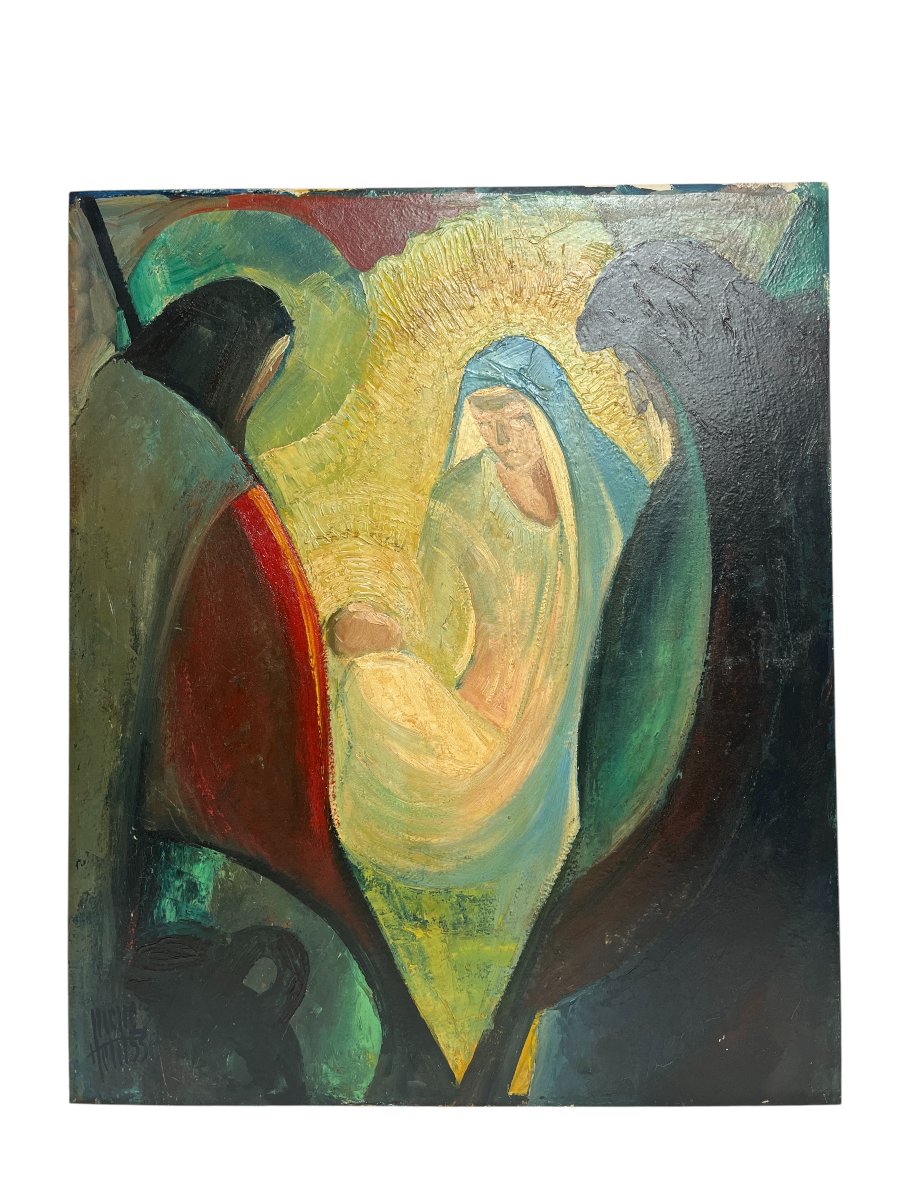 Pierre Petit, Oil On Cardboard Nativity Signed Dated 1953-photo-4