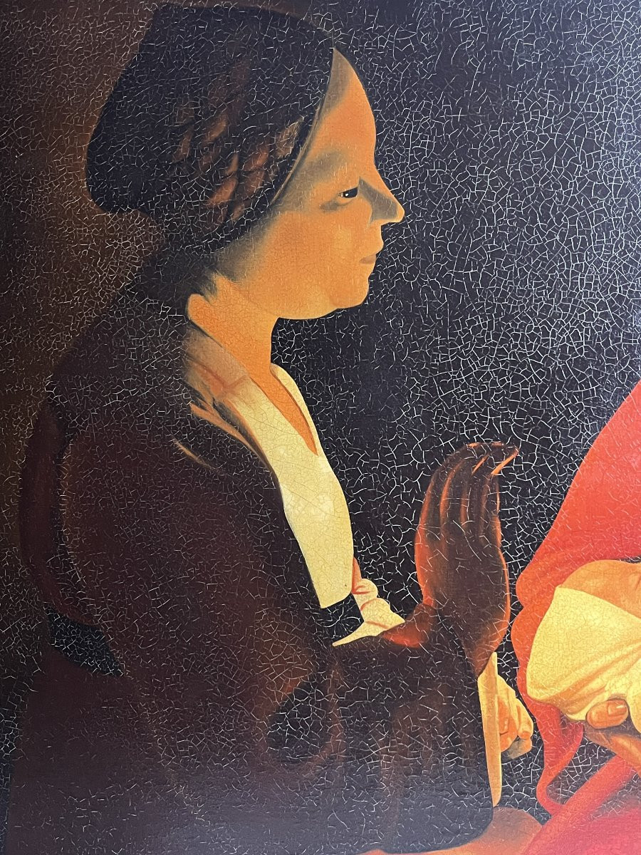 De la Tour, HST reproduction Le Nouveau Né encadrement doré XXème-photo-1