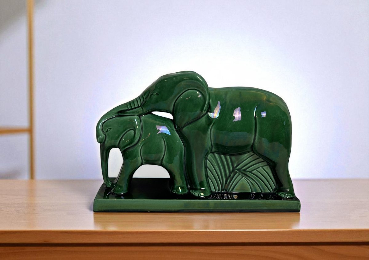 Art déco, sujet animalier faïence éléphants Lemanceau vers 1935-photo-4