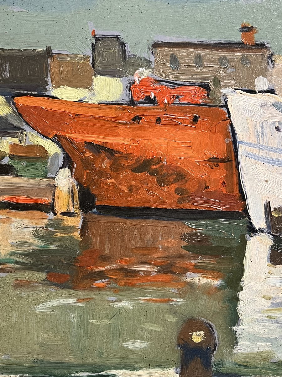 Huile sur panneau Bateaux au port encadrement XXème-photo-2