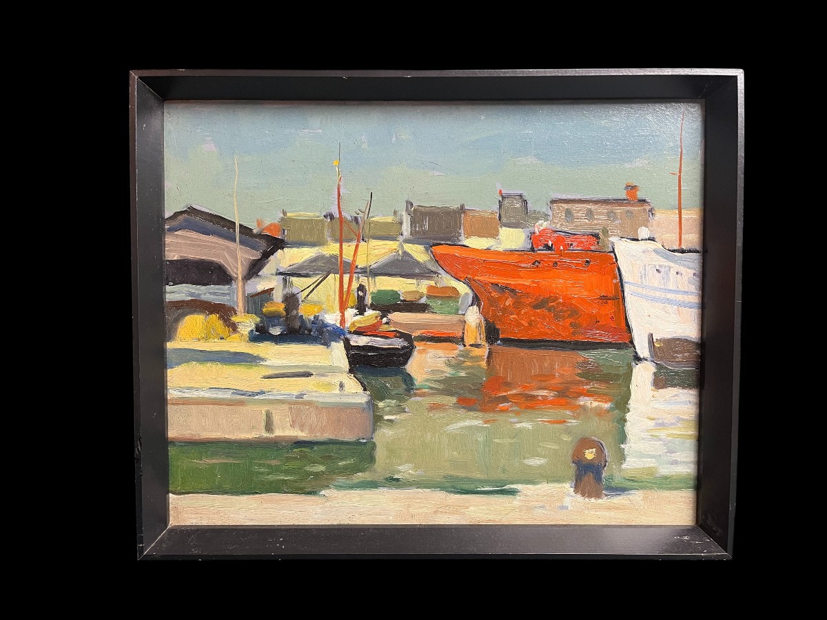 Huile sur panneau Bateaux au port encadrement XXème