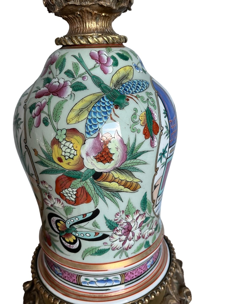 Chine, important pied de lampe à huile porcelaine et bronze début XXème-photo-5