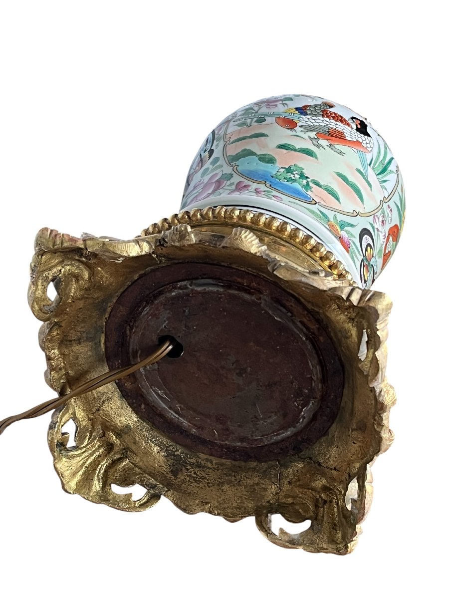 Chine, important pied de lampe à huile porcelaine et bronze début XXème-photo-6