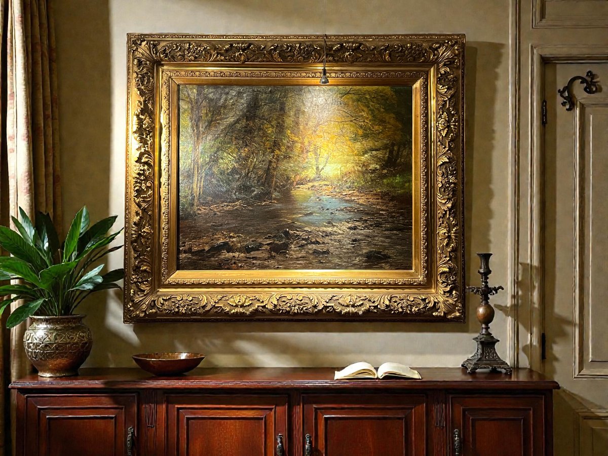 FRANÇOIS Joseph, HST paysage de sous-bois bel encadrement vers 1900-photo-2