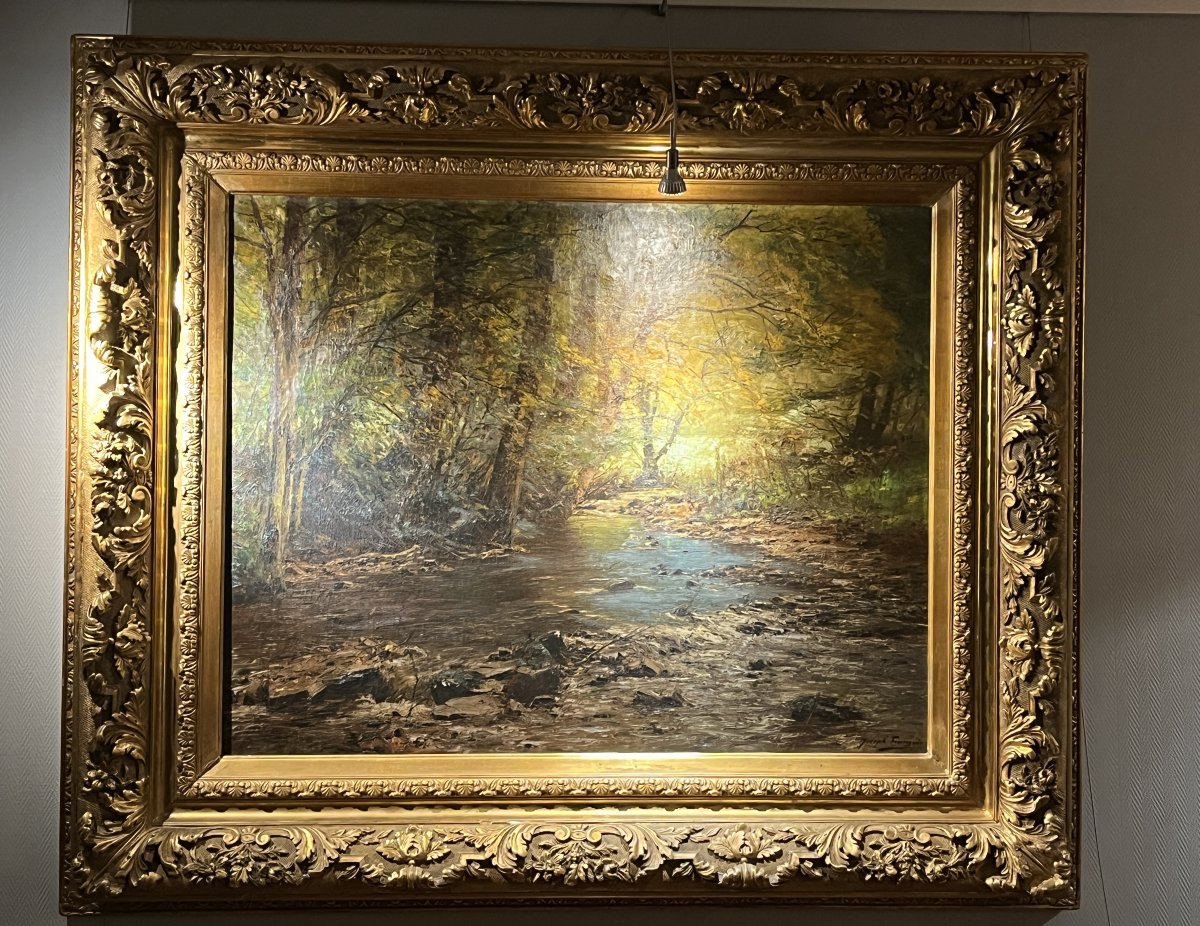 FRANÇOIS Joseph, HST paysage de sous-bois bel encadrement vers 1900-photo-6