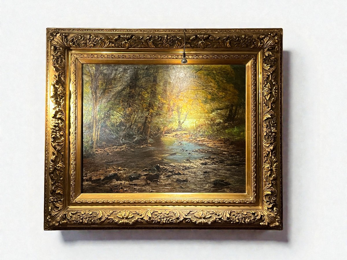 FRANÇOIS Joseph, HST paysage de sous-bois bel encadrement vers 1900