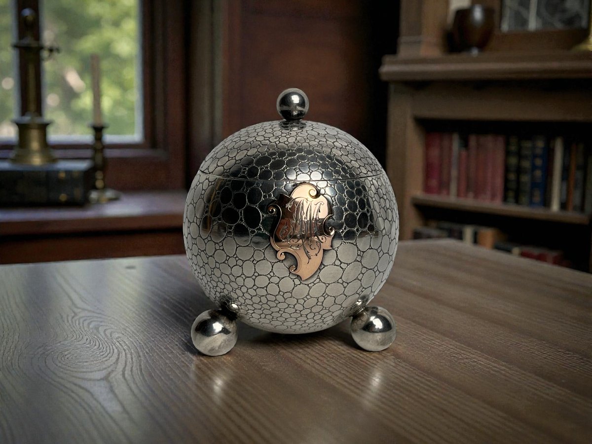 Encrier sphérique tripode argent Minerve cartouche fin XIXème-photo-2