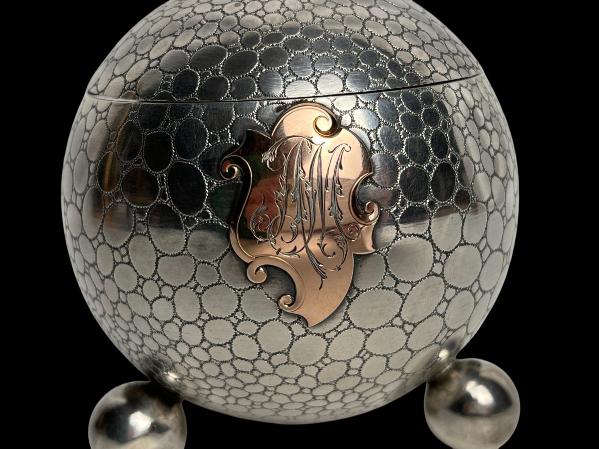 Encrier sphérique tripode argent Minerve cartouche fin XIXème-photo-3