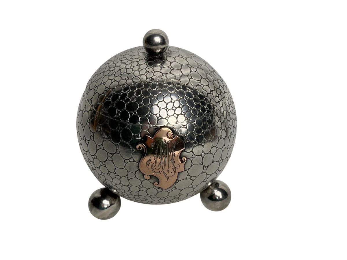 Encrier sphérique tripode argent Minerve cartouche fin XIXème-photo-4