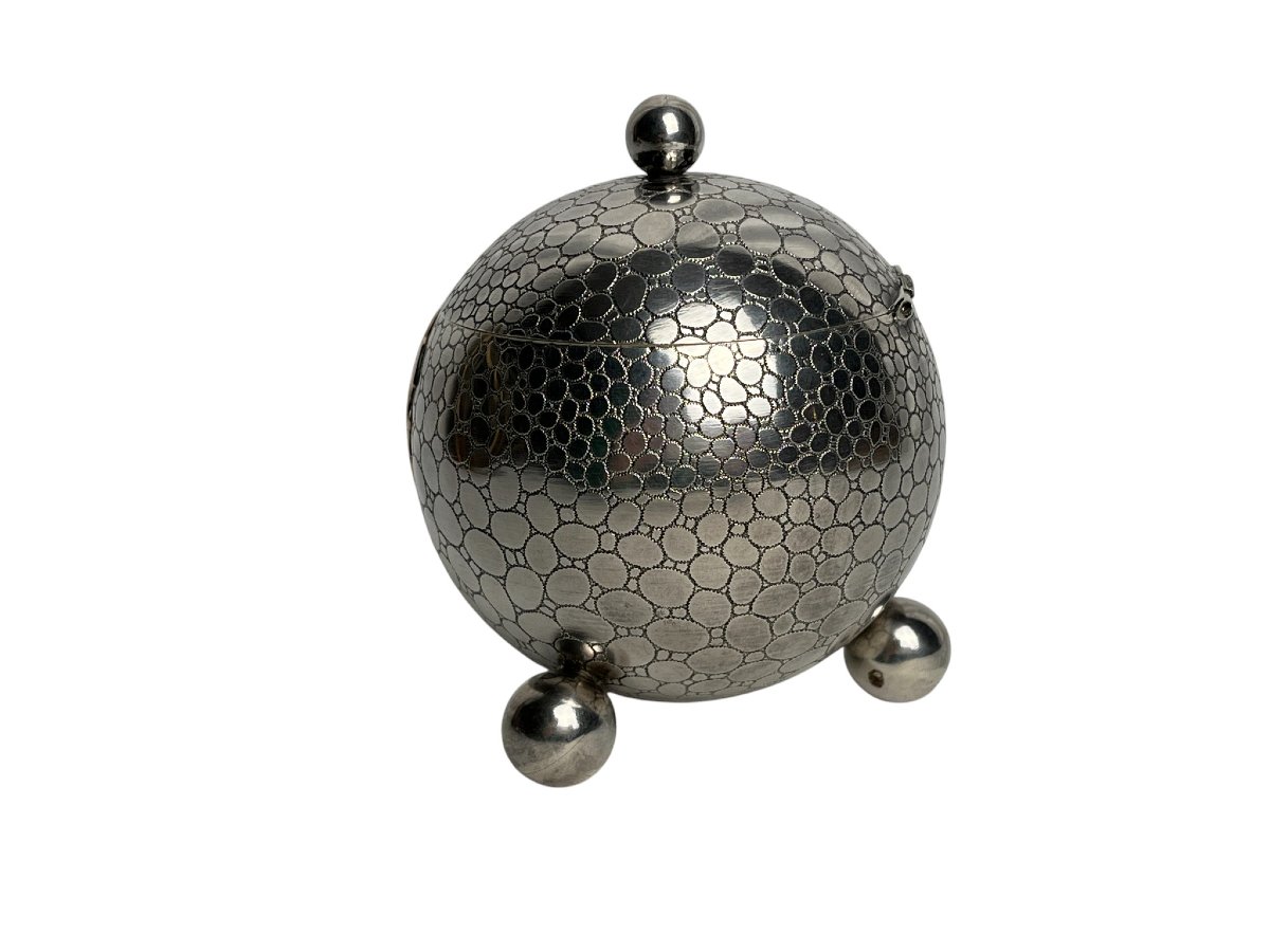 Encrier sphérique tripode argent Minerve cartouche fin XIXème-photo-3