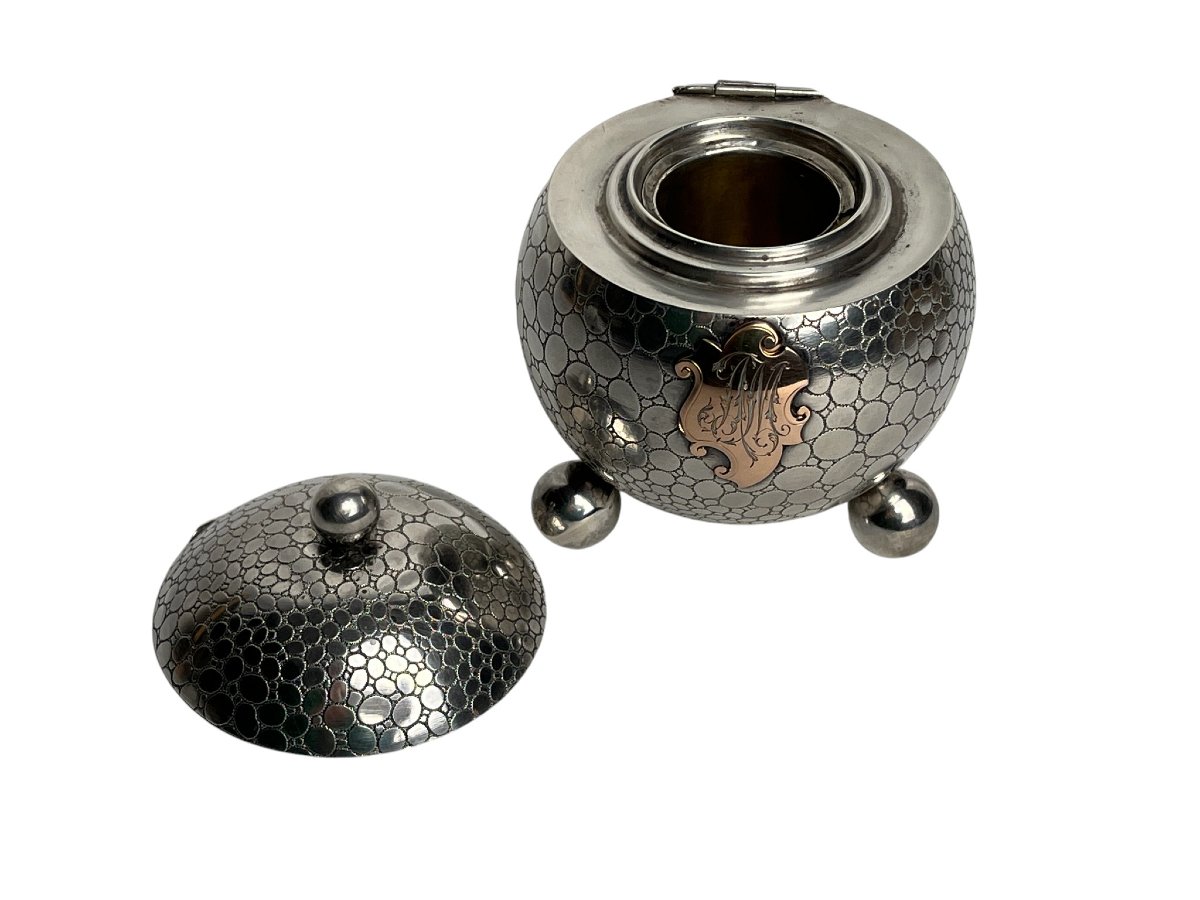 Encrier sphérique tripode argent Minerve cartouche fin XIXème-photo-6