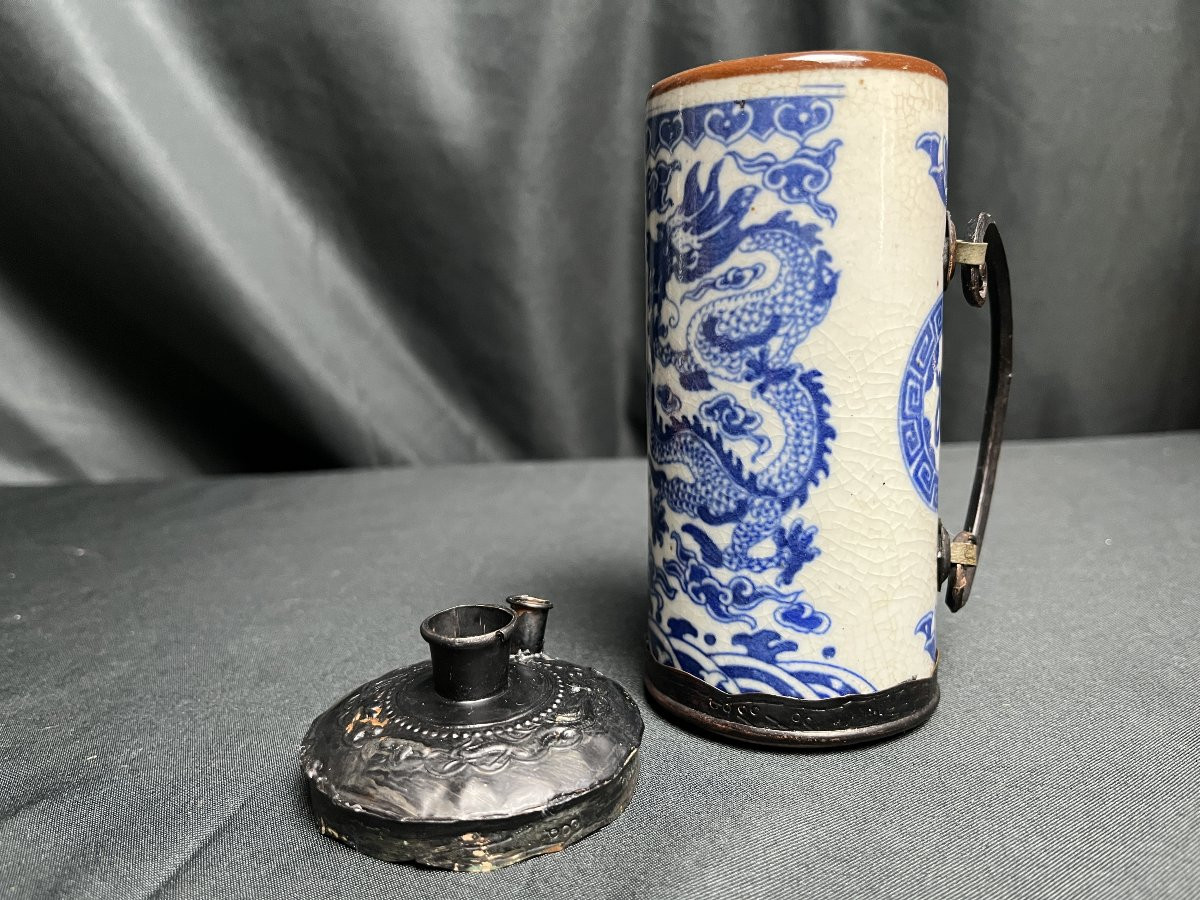 Asian Opium Pipe In White And Blue Porcelain, 18th Century-photo-4