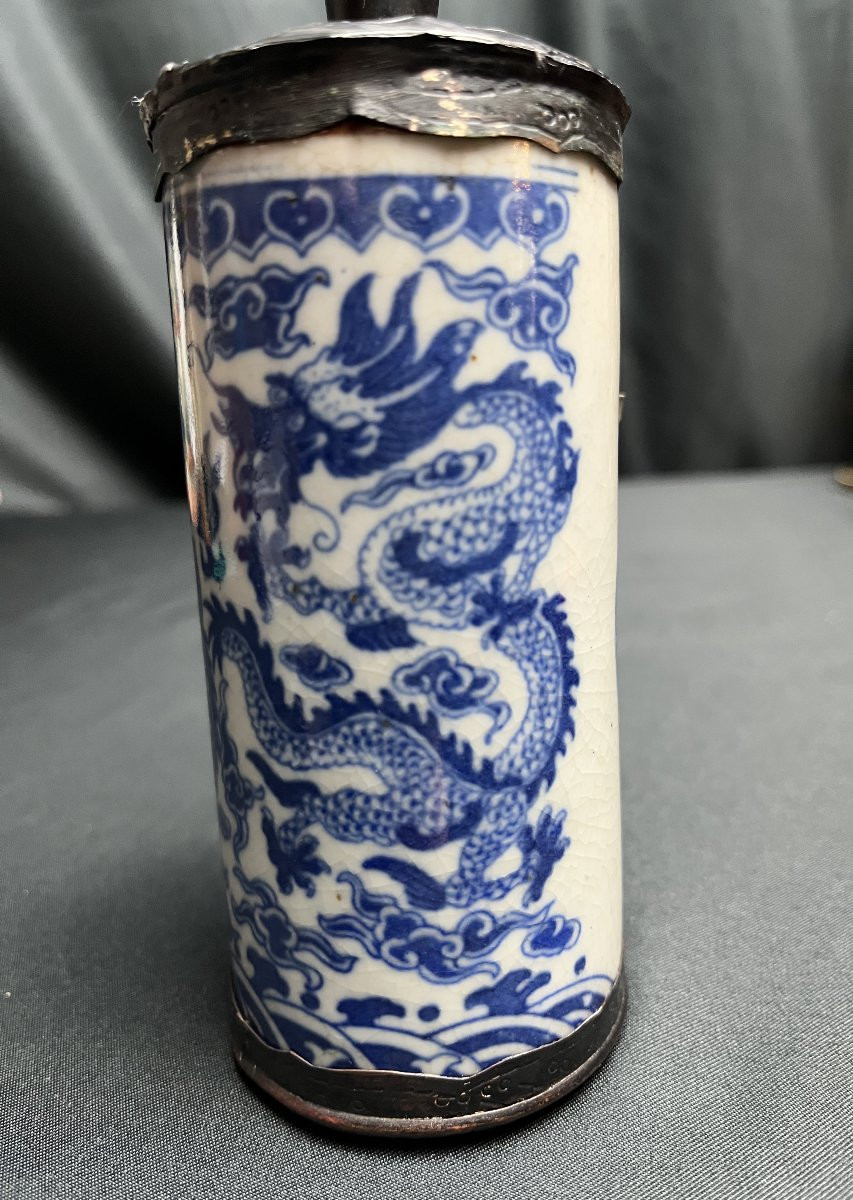 Asian Opium Pipe In White And Blue Porcelain, 18th Century-photo-5